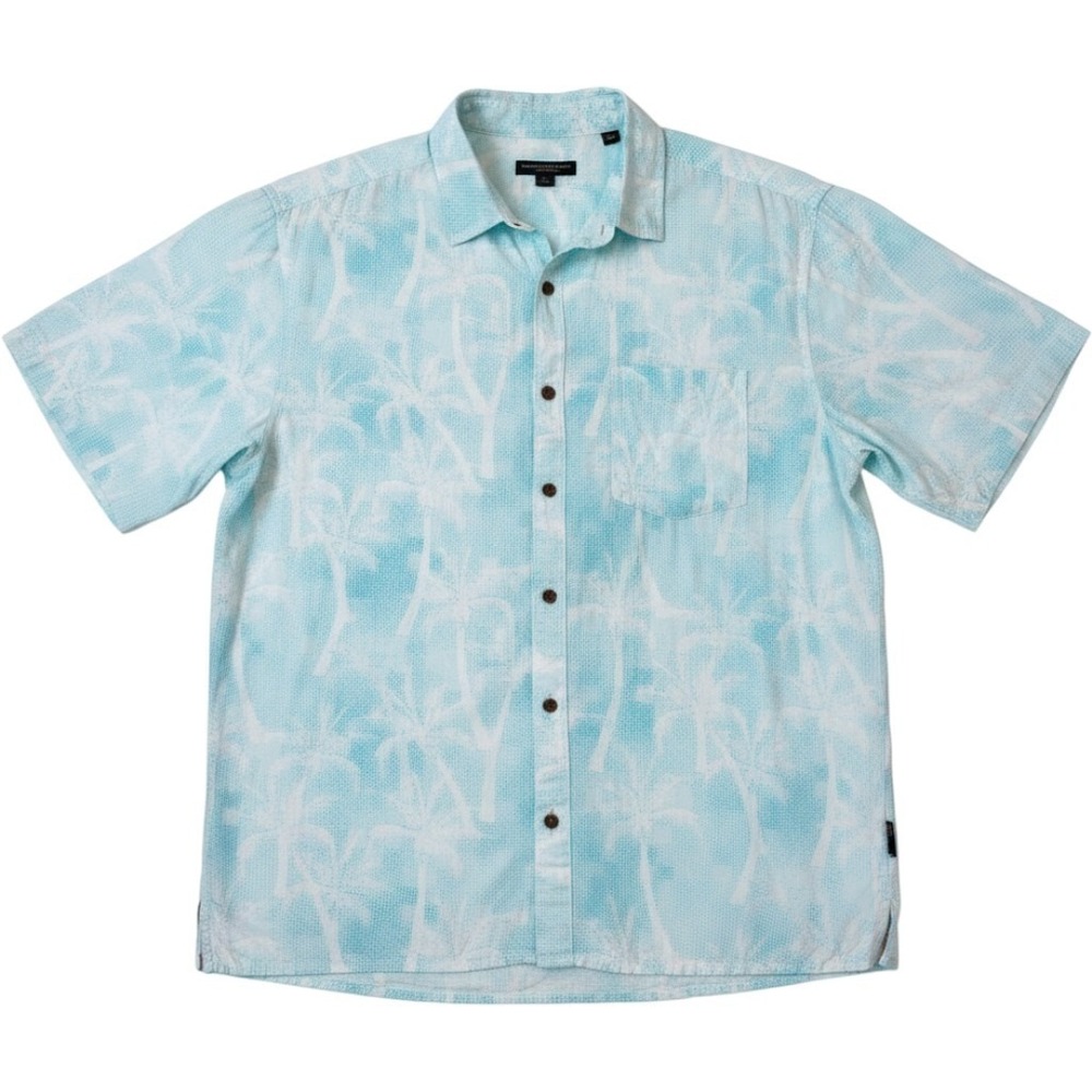 Margaritaville Men's Button Front Shirt L Blue White Palm Tree Tropical Hawaiian